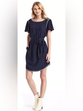 GAP Embroidery Navy Blue Flutter Sleeve Belted Dress w Pockets Cotton Rayon XL